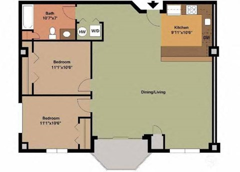a diagram of a floor plan of a apartment with 2 bedroom and 1 bathroom at Carisbrooke at Manchester Apartments, Manchester, NH
